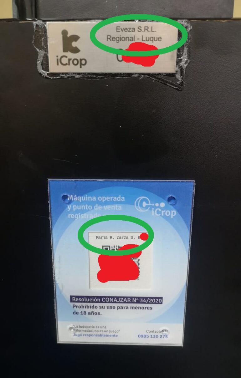 Tragamonedas catastrada por la empresa de Eveza SRL y que vincula a María M Zarza, agente oficial de iCrop SA de manera unipersonal y como representante de Grupo Mercantil SA, conforme a documentos que accedió ABC. La concesionaria evita social el listado de sus agentes oficiales del país.