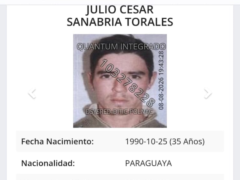 Ficha policial de Julio César Sanabria Torales, alias Julito, supuesto objetivo de los sicarios en Tavaí, sobreviviente del atentado.