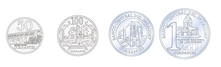 Monedas del guaraní aún en uso: 50, 100, 500 y 1.000.