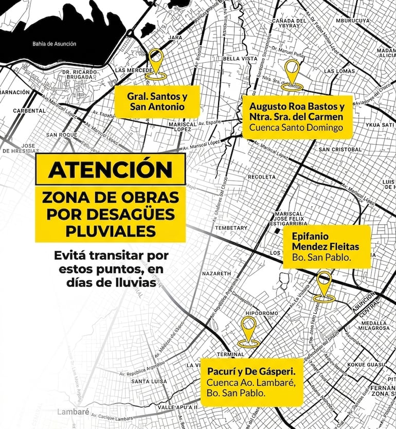 Zona de obras de desagüe pluvial en Asunción
