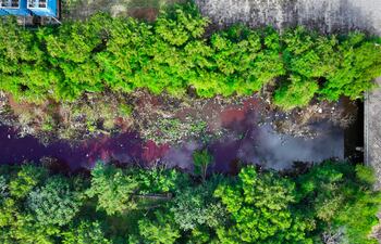 El Ministerio del Ambiente extrae muestras del arroyo Jaén de Asunción, que presenta un color rojizo.