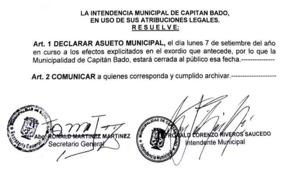 Declaran asueto en Capitán Bado por aniversario de independencia de Brasil