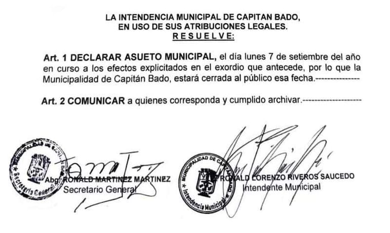 Parte resolutiva de la declaración de asueto municipal en Capitán Bado para el 07 de septiembre por la Independencia de Brasil.