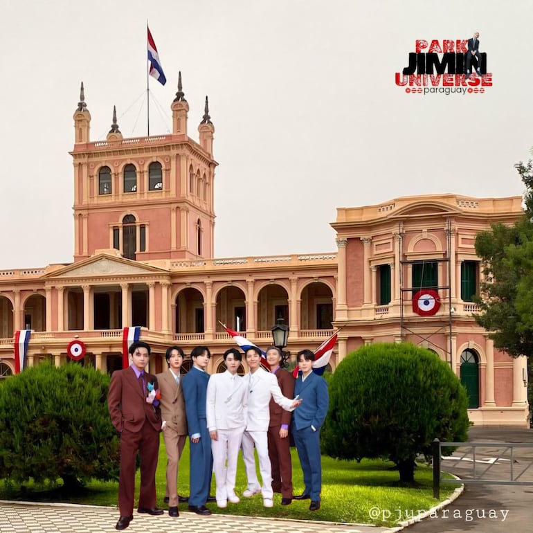Meme de los BTS posando frente al Palacio de López.