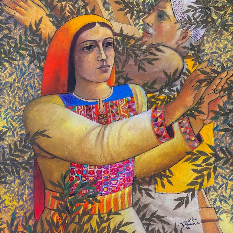Sliman Mansour: Cosecha de olivas, 1988.