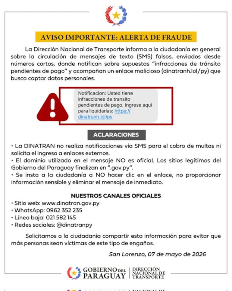 La alerta de fraude emitida por la Dinatran.
