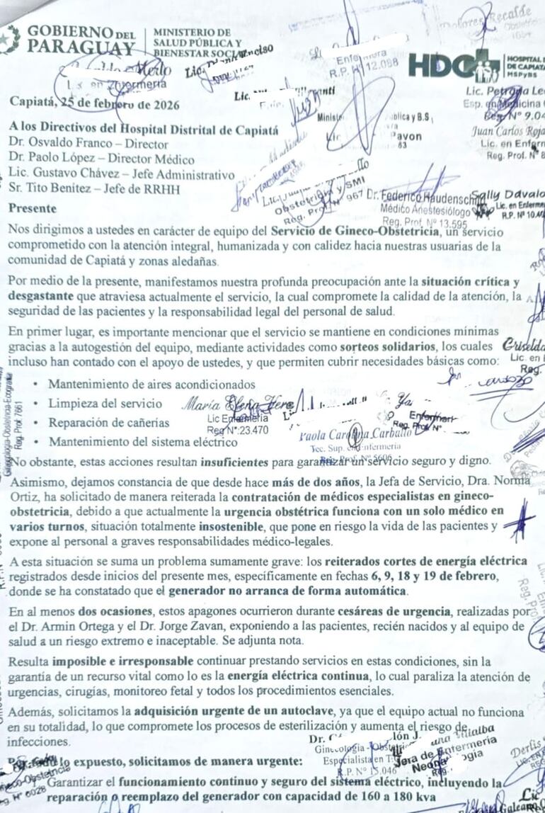 Nota remitida por el personal de blanco a las autoridades del Hospital de Capiatá.