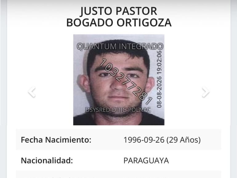 Ficha policial de Justo Pastor Bogado Ortigoza, asesinado en el atentado en Tavaí.