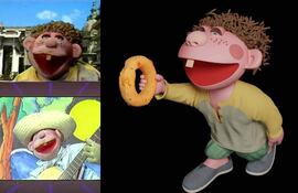 A la izquierda, dos imágenes del Kube de la televisión paraguaya de los 80; a la derecha, Kube de regreso en forma de proyecto de arte experimental argentino, "chipa argolla" en mano.