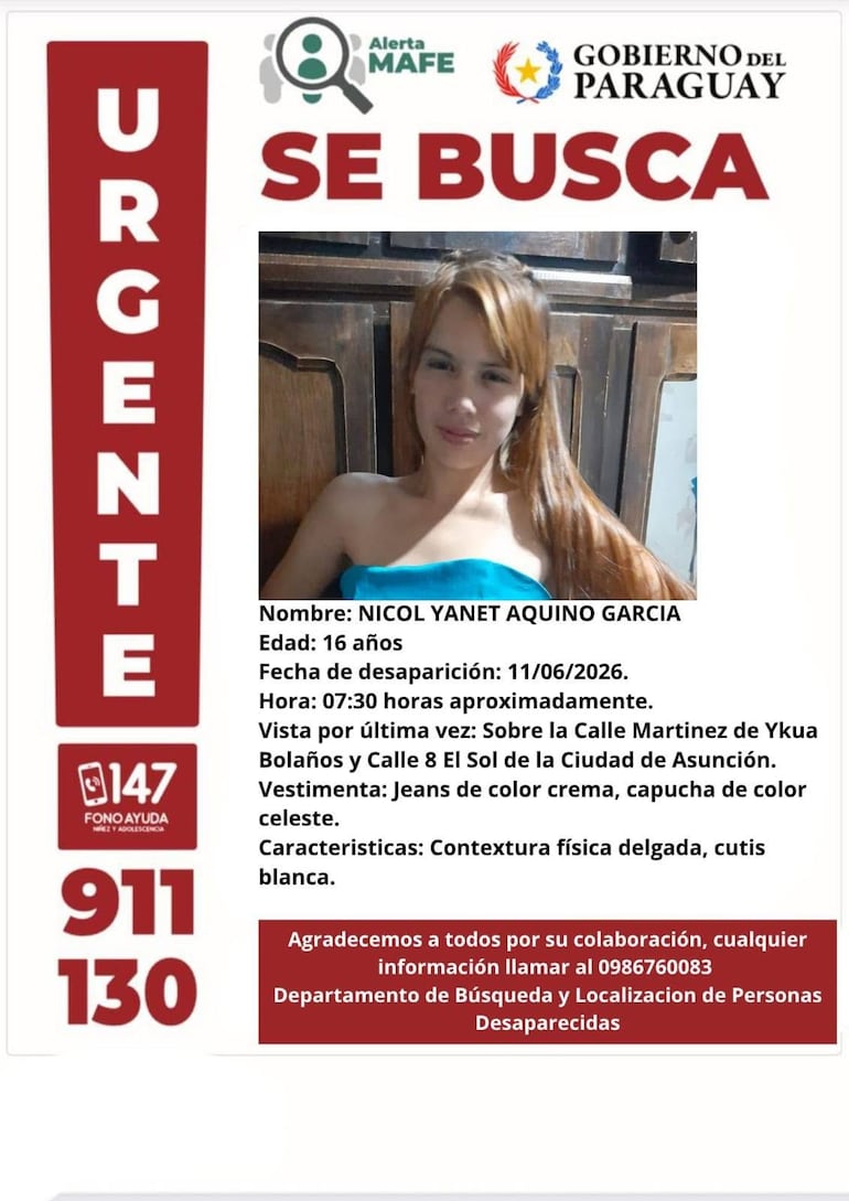 Nicol Yanet Aquino, adolescente desaparecida en Asunción.