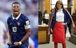 Mbappé en uniforme azul de Francia sonríe junto a mujer con blusa blanca y falda roja, en ambiente interior.