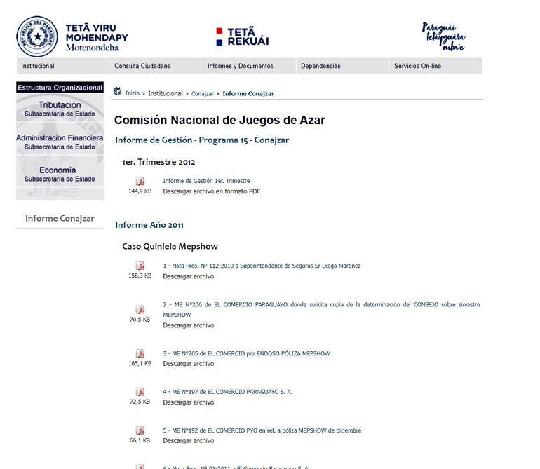 Captura del portal institucional de Conazjar. Su último informe de gestión data del primer trimestre del 2012, hace 10 años. Tampoco figura el reporte actual de la quiniela, que actualmente es investigada por Fiscalía.