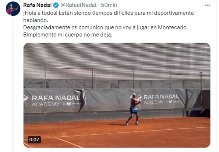 El comunicado de Rafael Nadal.