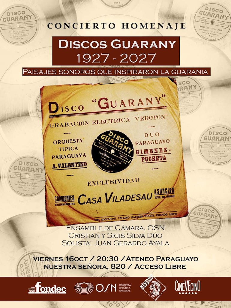 Cartel del concierto homenaje a Discos Guarany, destacando discos de vinilo y artistas como Juan Gerardo Ayala y Ensamble de Cámara.