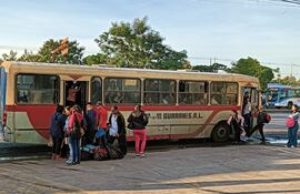 Colectivos repletos ante reguladas. Pasajeros arriesgan su vida viajando en la estribera.