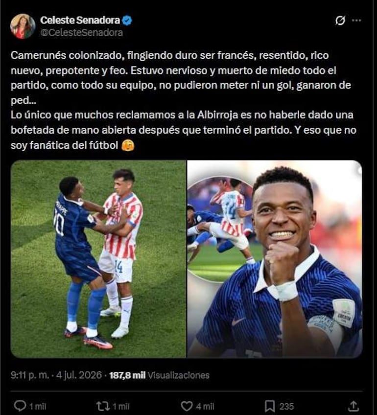 Celeste Amarilla en un tuit, compartiendo su opinión sobre Kylian Mbappé y el desempeño del equipo paraguayo.