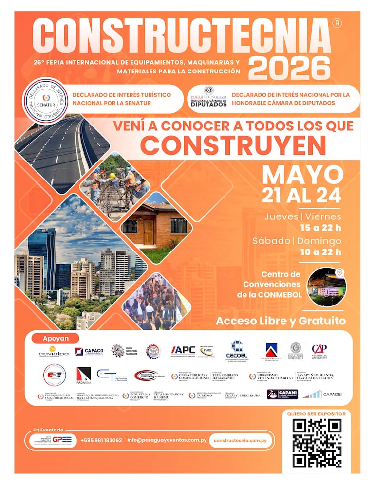 Cartel promocional de Constructecnia 2026, detallando fechas, lugar y patrocinadores con un diseño profesional.