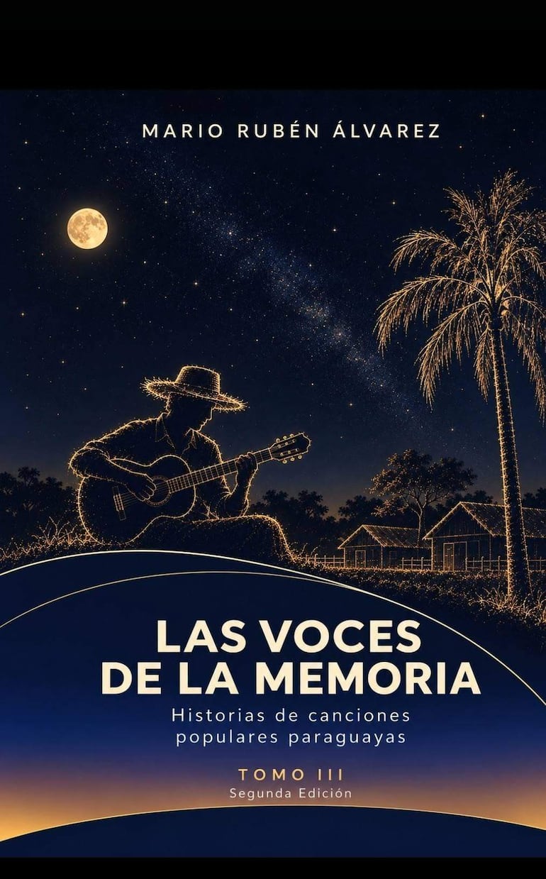 Mario Rubén Álvarez, sentado con guitarra en un entorno nocturno, rodeado de palmeras y casas, mientras presenta su libro.