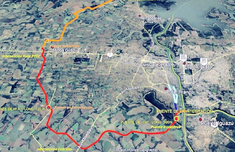 El acceso al segundo puente con Brasil prevé la construcción de una nueva vía de más de 30 km, además de un puente de envergadura sobre el río Monday. Se licitó en tres lotes.