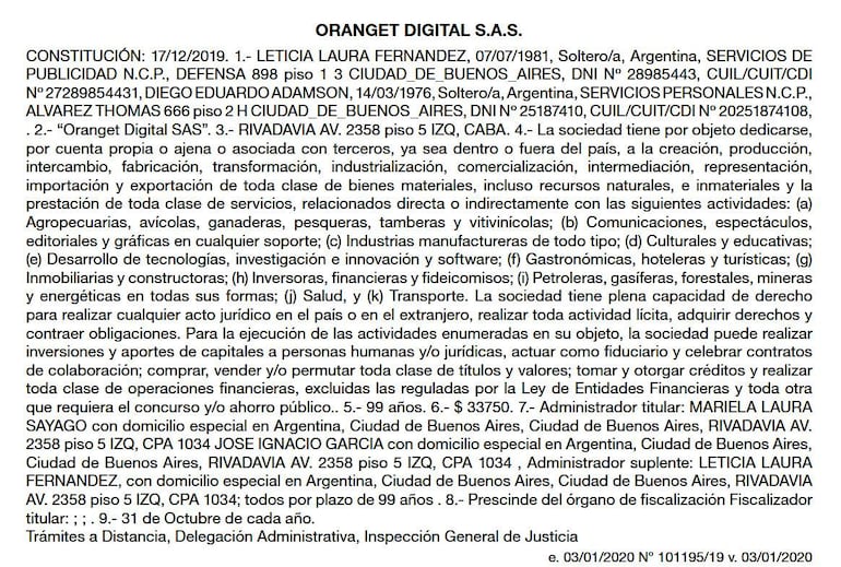 Documento administrativo sobre la constitución de Oranget Digital S.A.S., sin personas visibles.