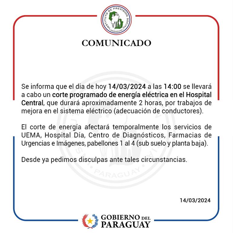 Comunicado del IPS sobre corte programado de energía.