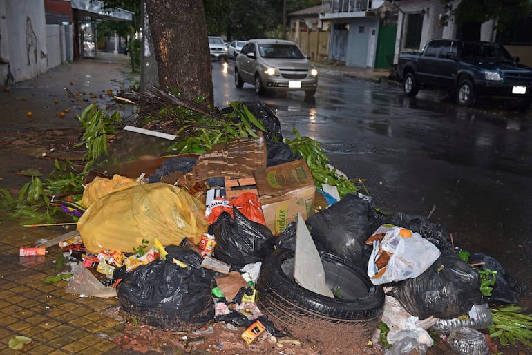 Montículo de desechos en acera mojada, en la calle Teodoro s. Mongelos y bomberos Voluntarios
