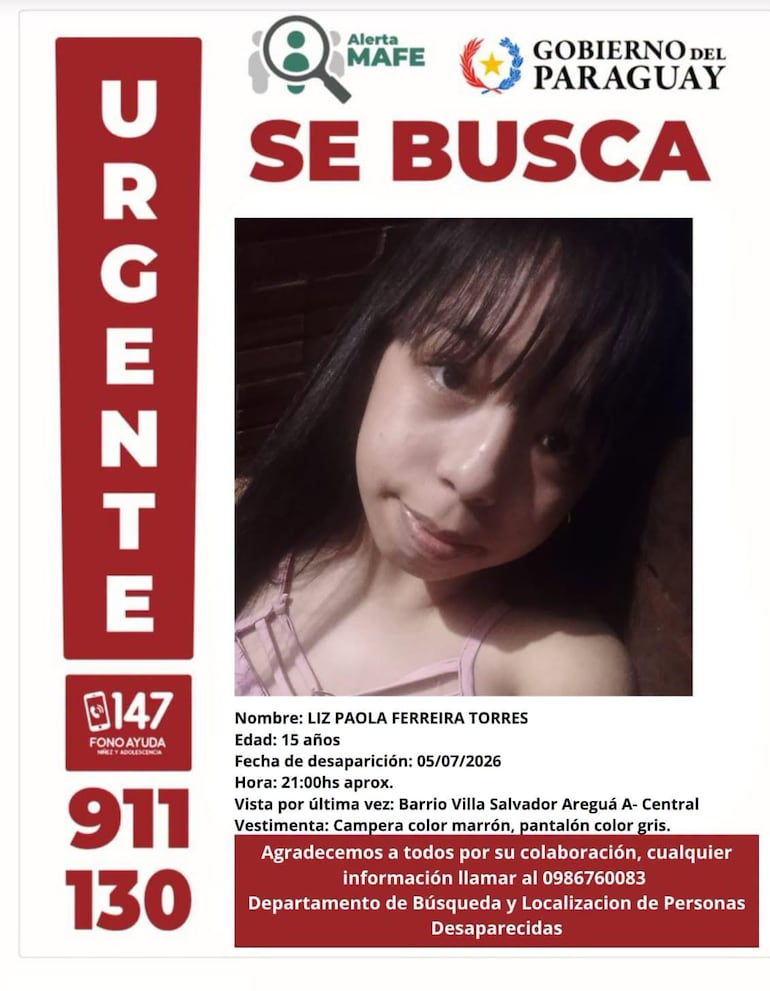 Liz Paola Ferreira Torres (15) está desaparecida, según denunciaron sus familiares.
