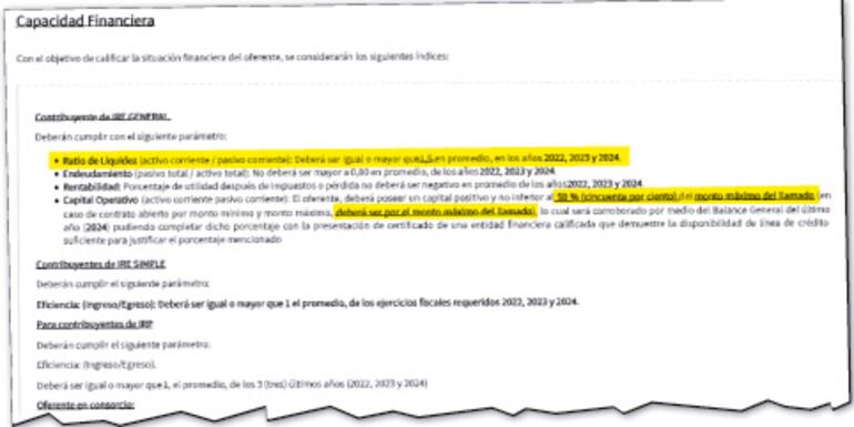 En la tercera versión del PBC se elevaron el ratio de liquidez a 1,5 y el capital operativo al 50% del monto máximo de contrato.