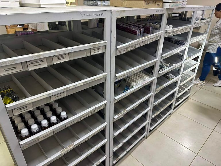 Mujer de pie con blusa blanca y pantalones oscuros en farmacia con estanterías vacías, mostrando un ambiente de desabastecimiento.