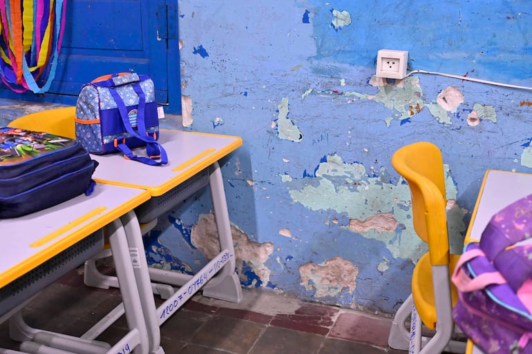 Aula deteriorada con escritorios amarillos y mochilas negras y azules sobre la mesa, mostrando un ambiente descuidado.