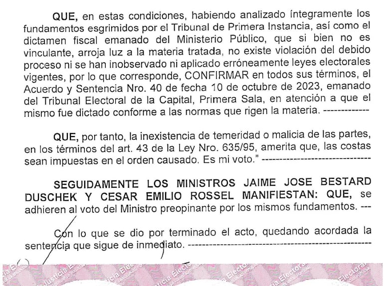 Argumentaciones del titular del TSJE, Jorge Bogarín González, y la adhesión de sus colegas Jaime Bestard (ANR, HC) y Cesar Rossel (PLRA) contra el pedido de nulidad de Efraín Alegre.