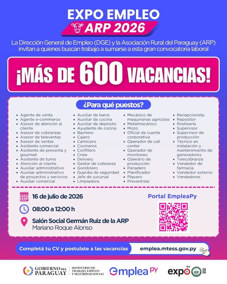 Vacancias disponibles en la Explo Empleo ARP 2026.