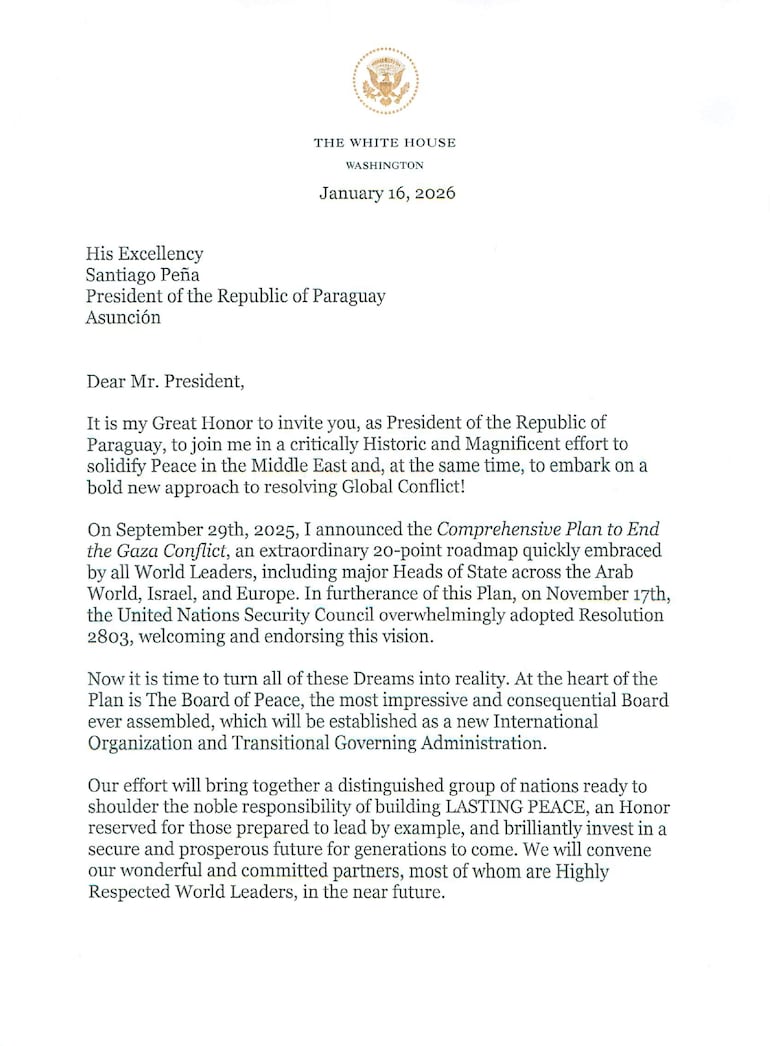La nota dirigida al presidente de la República, Santiago Peña está fechada el 16, pero fue dada a conocer el sábado.