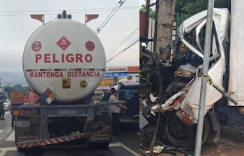 Tres personas alrededor de un camión cisterna con cartel de peligro, y un camión de carga con daño visible tras la colisión.
