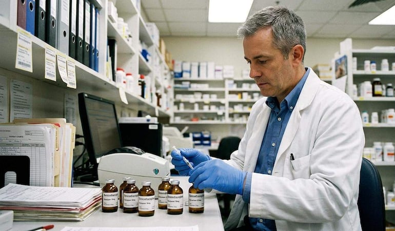 Hombre en bata blanca y guantes azules manipula medicamentos en una farmacia, rodeado de frascos y documentos en la mesa.