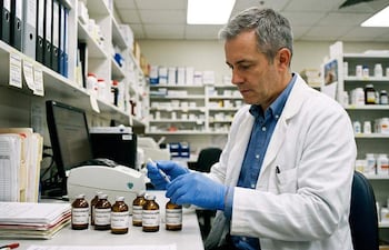Hombre en bata blanca y guantes azules manipula medicamentos en una farmacia, rodeado de frascos y documentos en la mesa.