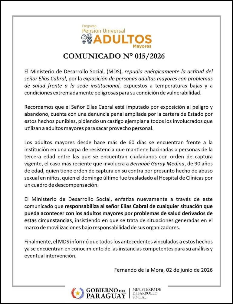 Comunicado oficial del MDS sobre la denuncia a Elías Cabral, resaltando la vulnerabilidad de adultos mayores.