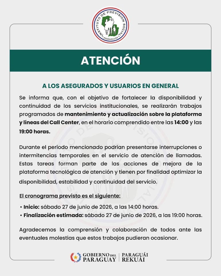 Documento del IPS con aviso sobre mantenimiento y actualización, texto claro y institucional, rodeado de gráficos de información.