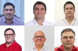 Arriba:1) Milciades Arce (PLRA), de Paso Barreto; 2) Marco Benítez (ANR-HC) de Coronel Oviedo y 3) Elvio Coronel (PDP) intendente de Juan León Mallorquín.
Abajo: Hernán Ysidro Rivas (ANR-HC) intendente de Tomás Romero Pereira; Tomas Olmedo (ANR, FR) intendente de Ñemby y César Machuca (ANR-HC), de Ybyrarobaná.
