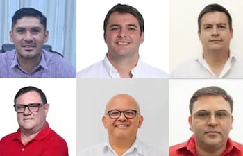 Arriba:1) Milciades Arce (PLRA), de Paso Barreto; 2) Marco Benítez (ANR-HC) de Coronel Oviedo y 3) Elvio Coronel (PDP) intendente de Juan León Mallorquín.
Abajo: Hernán Ysidro Rivas (ANR-HC) intendente de Tomás Romero Pereira; Tomas Olmedo (ANR, FR) intendente de Ñemby y César Machuca (ANR-HC), de Ybyrarobaná.