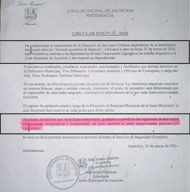 Circular 11/26 del titular de la Junta Municipal de Asunción, que prohibía la recepción de permisos y vaccaciones el 27 de marzo de 2026, día de la "histórica" jornada de limpieza de Bello.