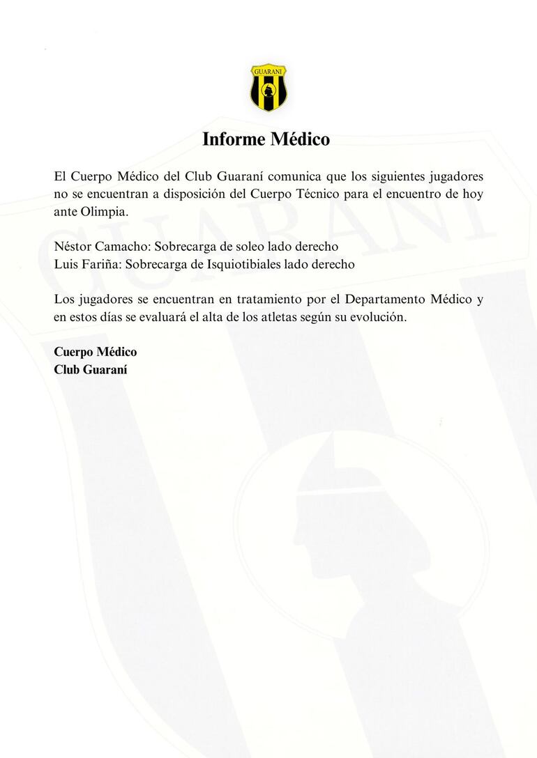 El informe médico de Néstor Camacho y Luis Fariña.