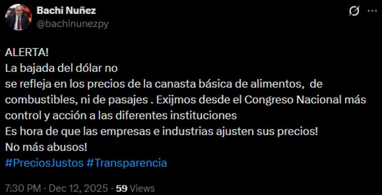 Escrito de "Bachi" Núñez sobre la bajada del dólar.