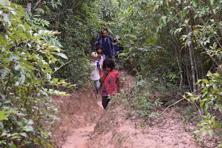 Grupo de cinco personas, incluidos niños, caminan por un sendero en la jungla, rodeados de densa vegetación. La niña de camiseta roja destaca.