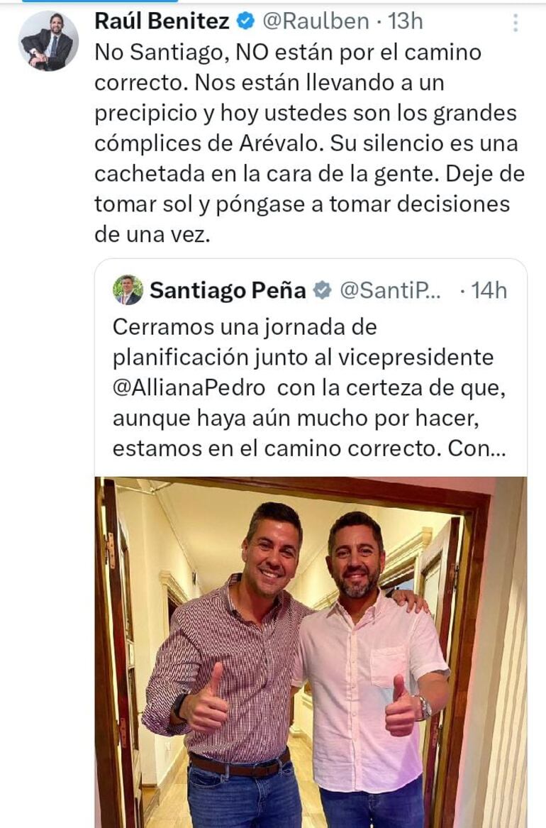 Tuit del diputado Raúl Benítez