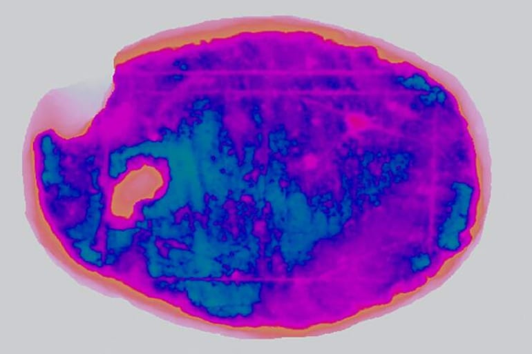 Fotografía de un modelo digital del objeto 04433 mediante una visualización del mapa de profundidad, que permite apreciar las superficies inferiores (en rosa).