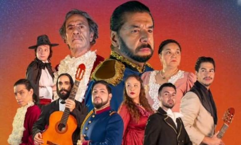 Grupo de diez personas en trajes históricos, posando de manera dramática con expresiones tranquilas sobre un fondo colorido.