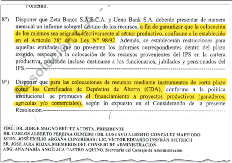 Una de las resoluciones del IPS y en la cual se menciona cuál debe ser el destino de los fondos.