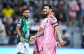 MIAMI, FLORIDA - AUGUST 12: Lionel Messi #10 of Inter Miami CF reacts during the Leagues Cup Phase One match between Inter Miami CF and Leon at Nu Stadium on August 12, 2026 in Miami, Florida. Rich Storry/Getty Images/AFP (Photo by Rich Storry / GETTY IMAGES NORTH AMERICA / Getty Images via AFP)