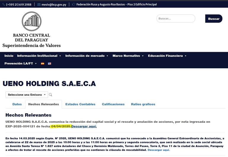 Comunicación de ueno Holding Saeca de hecho relevante al BCP.